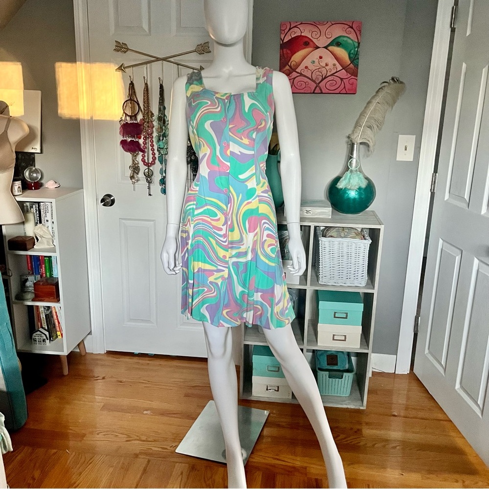 Dangerfield Riding the Rainbow Waves Mini Dress Multicolor Swirl Pattern Dress